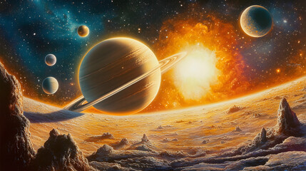 Poster - vibrant cosmic landscape, colorful planets and a glowing sun against a starry sky, perfect for sci-f