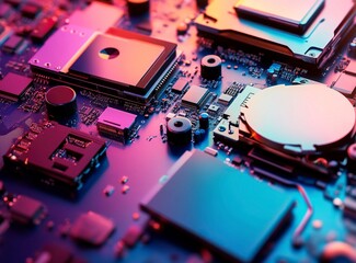 Aufkleber - Various computer hardware, including hard drives and flash drives, are located on the right side of a gradient background with copy space for text or graphics. 