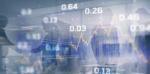 Wall Mural - Double exposure of abstract financial graph on office buildings background traders concept