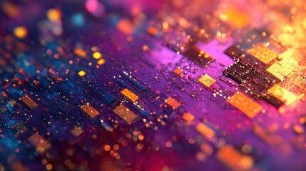 Fototapete - Macro shot of a colorful circuit board with golden and orange components. Ideal for technology, science, data, networking, and innovation concepts.