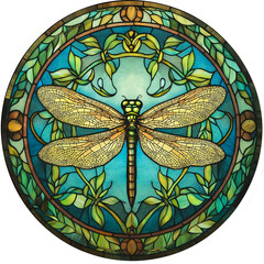 Poster - Stained glass dragonfly design showcasing intricate patterns and vibrant colors in a decorative circle 