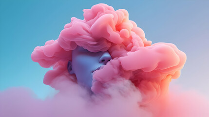 Poster - Abstract 3D Render of a Woman's Face Emerging from Pink and Blue Smoke Clouds