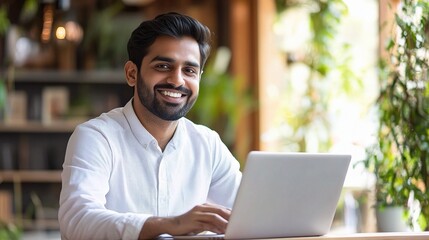 Poster - Smiling Indian Businessman Working on Laptop in Modern Office Space