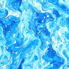 Poster - Vibrant watercolor doodle featuring abstract blue patterns flowing like waves and bubbles