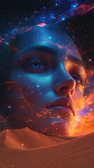 Aufkleber - Surreal portrait of a woman’s face surrounded by cosmic elements in a vivid desert landscape