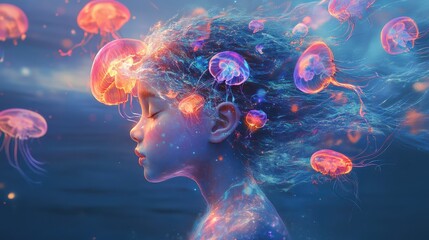Poster - Child's profile illuminated by vibrant jellyfish in a dreamlike underwater realm during twilight