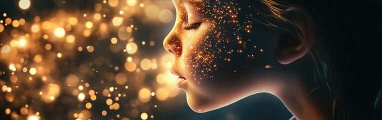 Aufkleber - Serene visualization of a child's face illuminated by sparkling light in a tranquil environment