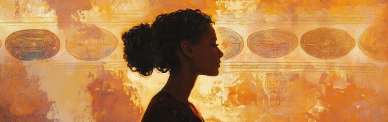 Leinwandbilder - Serene portrait of a glowing woman with intricate background in warm tones