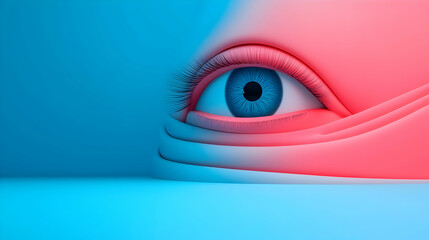 Poster - closeup of a blue eye watching from a pink and blue abstract background
