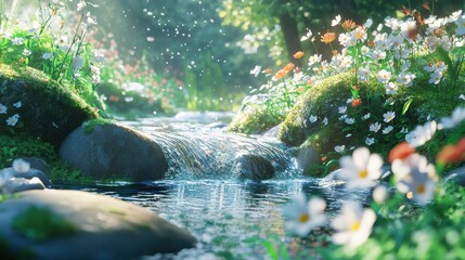 Poster - Spring brook flowing over smooth stones surrounded by vibrant wildflowers in a tranquil woodland setting