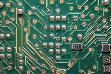 Poster - Close-up of a green circuit board with gold traces and silver components. Use it for themes like technology, engineering, or digital transformation.