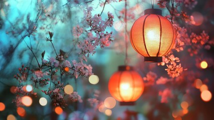 Poster - Glowing lanterns illuminate blossoms during a vibrant evening celebration in a serene garden setting