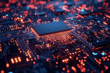 Fototapete - Close-up of a dark circuit board with orange light trails and a central chip. Use it to illustrate technology, AI, computer science, or digital innovation.
