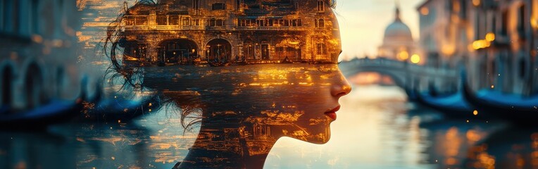 Poster - Glow of the city reflected in a woman's silhouette at sunset by the canal
