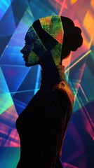 Poster - Silhouette of a woman illuminated by vibrant colors in an artistic abstract background