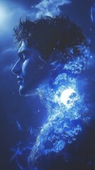 Aufkleber - Man radiating with a mystical blue glow set against a starry night sky, representing inner vision and creativity