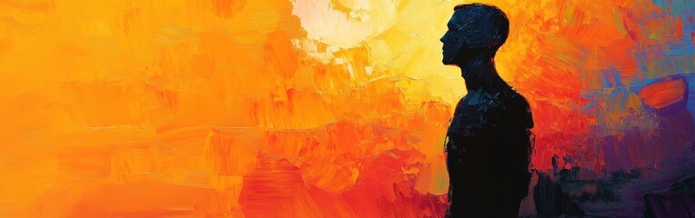 Aufkleber - Man glowing against a vibrant sunset in an abstract landscape with vivid colors and soft textures