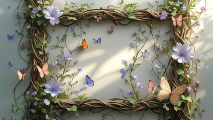 Wall Mural - floral frame with butterflies: a whimsical springtime composition