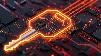 Fototapete - A striking digital key is showcased in vibrant orange against a complex circuit board, embodying the essence of modern technology and cybersecurity.