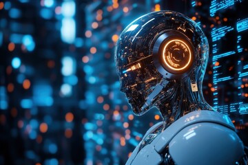 Aufkleber - Cyborg head in profile with futuristic, glowing circuitry and headset detail. Use for tech, AI, digital transformation, or cutting-edge innovation concepts.
