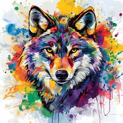 Naklejka na meble Vibrant colorful wolf portrait, abstract style with splashes of paint.