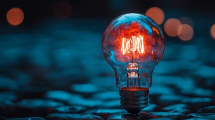 Poster - A glowing light bulb stands prominently on a cobblestone surface, casting a soft glow in the surrounding blue hues. The tranquil atmosphere evokes a sense of calm and creativity