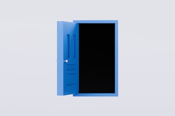 Poster - 3D To Your Door Delivery icon. Minimal Courier delivery package in front blue door. Online Shopping Concept. Fast Delivery, logistic Concept. 3d Deliveries of online orders outside the door. 3d render