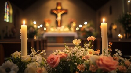 Poster - Fresh flowers beautifully decorate the church, enhancing the tranquil environment. Soft candlelight illuminates the cross, inviting reflection and reverence
