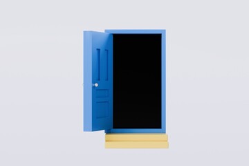 Poster - 3D To Your Door Delivery icon. Minimal Courier delivery package in front blue door. Online Shopping Concept. Fast Delivery, logistic Concept. 3d Deliveries of online orders outside the door. 3d render