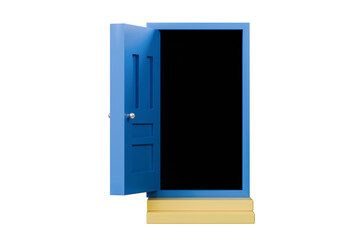 Poster - 3D To Your Door Delivery icon. Minimal Courier delivery package in front blue door. Online Shopping Concept. Fast Delivery, logistic Concept. 3d Deliveries of online orders outside the door. 3d render