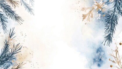 Naklejka na meble Winter art background with watercolor winter elements, snowflakes and pine branches, light blue, beige, white, and gold colors
