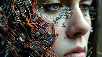 Poster - The young person blends human traits with tech, featuring a network of circuits set against a well-lit background.