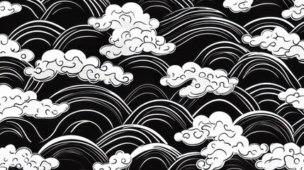 Poster - Intricate black and white design featuring waves and stylized clouds in a flowing pattern