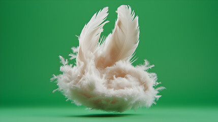 Poster - Delicate White Feathers Floating on Green Background