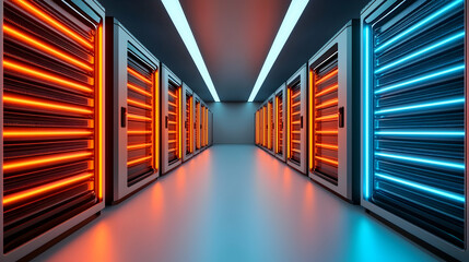 Poster - Dimly Lit Server Room with Rows of Glowing Orange and Blue Servers