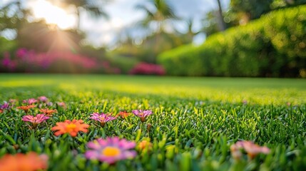 Poster - Morning sun casts a warm glow on a lush lawn adorned with a collection of vibrant flowers. This peaceful garden invites relaxation and joy amidst nature's beauty