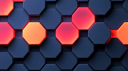 Poster - Dynamic Neon Orange and Red Hexagon Pattern on Dark Blue Background