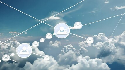 Poster - The sky displays a vibrant blue backdrop adorned with fluffy white clouds, interspersed with abstract digital connections hinting at technological innovation.