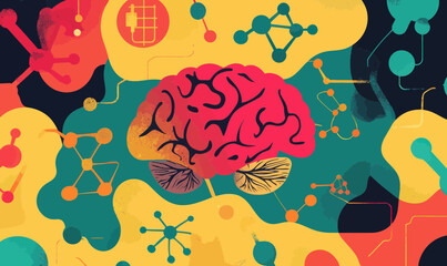 Poster - Colorful Vector Illustration of Brain Chemistry Elements in Minimalist Design