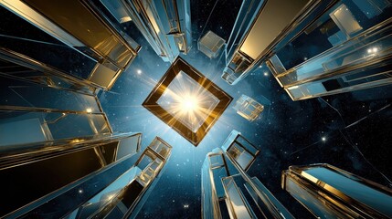 Poster - Abstract futuristic metaverse concept with interconnected luminous cubes and deep blue tech background.