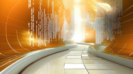 Poster - Abstract futuristic orange tech background with wave-like patterns, soft glowing dots, and geometric white lines.
