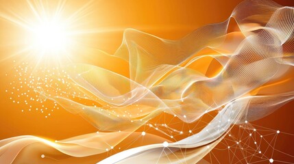Poster - abstract futuristic orange background with smooth flowing waves, connecting dots, and subtle white t