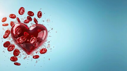 Poster - Abstract healthcare concept with bright red gloves forming a loving heart shape, soft blue backdrop.