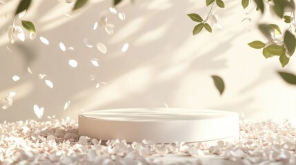 Poster - Elegant display platform surrounded by petals in serene setting with leaves casting soft shadows