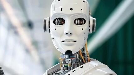 Poster - Futuristic robot examining technology in modern setting