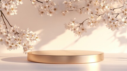 Poster - Elegant display pedestal surrounded by cherry blossom branches in soft natural light during springtime
