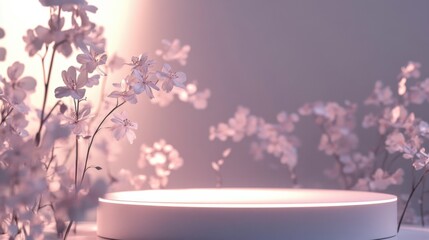 Poster - Delicate floral arrangement with a circular platform illuminated in soft pastel lighting