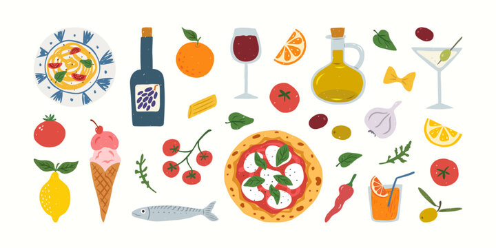 Hand drawn italian food and drink set. Mediterranean food collection. Healthy ingredients. Illustrations traditional products. Pasta, olive oil, tomato, lemon, wine, pizza. Vector flat illustration.