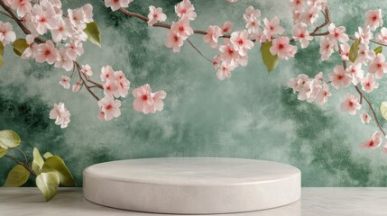 Poster - Fresh cherry blossom display with elegant background and smooth platform for showcasing products or decor