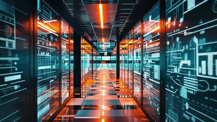 Poster - A corridor lined with servers is illuminated by vibrant neon lights, emphasizing the advanced technology and data systems crucial for modern computing, creating a futuristic atmosphere.